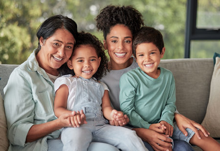 Happy family, grandmother and mom with her children in a portrait at home enjoying quality time on...