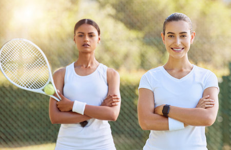 Sports, fitness and tennis friends ready for a friendly doubles practice or training match outdoors on a court in Australia. Teamwork, challenge and portrait of women excited to start cardio workoutの写真素材