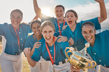 Women baseball team portrait, winning trophy celebration and sports success, champion and...