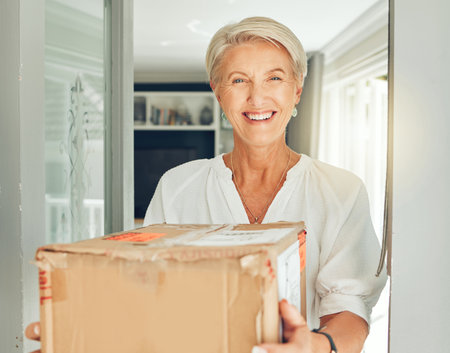 Senior customer, delivery box and courier service at front door house for e commerce, distribution and shipping. Portrait of elderly woman with cardboard package for logistics, supply chain or stockの写真素材