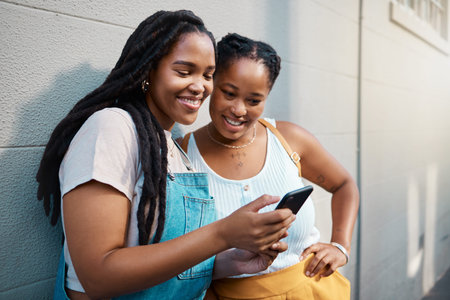 Black woman friends with smartphone for social media online check, notification post or reading blog...