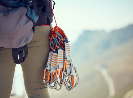 Hiking, climb and cables of gear for mountain adventure, equipment and backpacking in nature. Hiker...