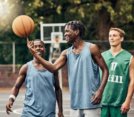 Team, basketball and sports court training young men for fitness, workout and balance ball exercise together at game. Healthy, active and sports Athlete people teamwork and motivation for fun matchの写真素材