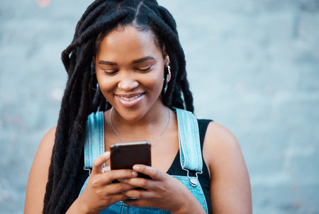 Black woman, social media and city phone typing, contact and communication on smartphone technology...