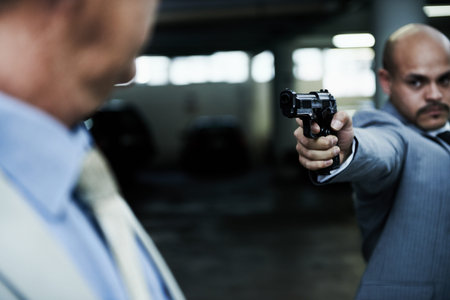Dont make me put a bullet in your skull. A criminal aiming his handgun at a surprised executive in a dark parkade.の写真素材