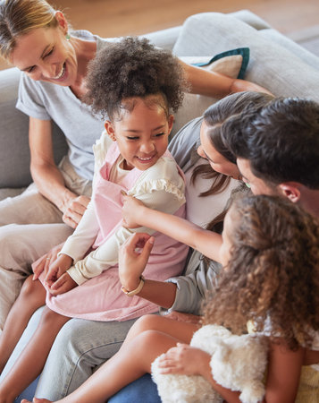 Relax, love and big family with adoption children bonding with parents and grandmother in home....