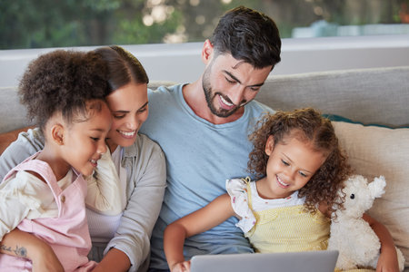 Family, children and laptop with a mother, father and girl kids together on the internet at home....