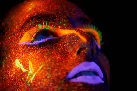 Strange beauty. A young woman with with neon paint on her face posing.の写真素材