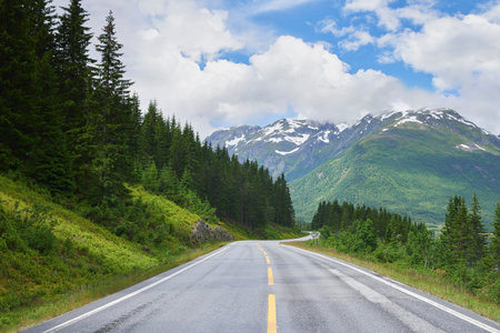 Road mountain, highway and countryside environment with freedom for travel, summer snow in Alaska and street or adventure. Landscape of calm driveway path in nature for transportation on holidayの写真素材
