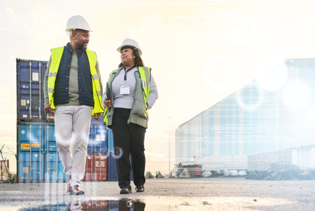 Shipping, logistics and supply chain with a man and woman courier walking in a container yard for...