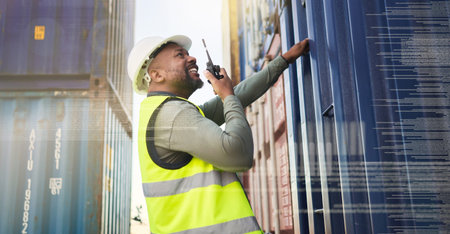 Shipping, container and logistics manager with a radio talking, communication and conversation....