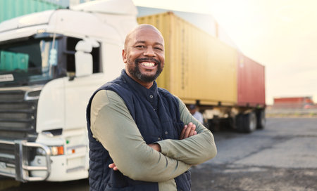 Delivery, container and happy truck driver moving industry cargo and freight at a shipping supply chain or warehouse. Smile, industrial and black man ready to transport ecommerce trade goods or stockの写真素材