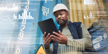 Tablet, overlay and black man in delivery logistics by containers working on the stock, cargo or inventory checklist. Industrial worker counting export numbers of freight for supply chain warehouseの写真素材