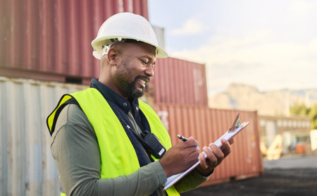 Logistics, inspection, shipping and black man writing notes working at storage container port....
