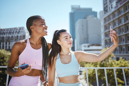 Fitness selfie, urban city and women friends or influencer for outdoor workout, motivation and...