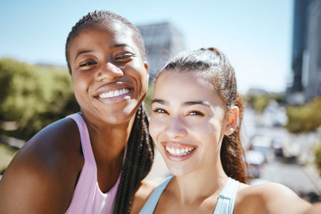 Interracial woman, friends and selfie smile for sports health, workout and exercise together in the city. Portrait of happy athletic women smiling in happiness for friendship photo in a urban townの写真素材
