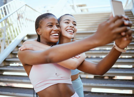 Exercise, friends and selfie on a phone with happy, relax women bonding and laughing during a...