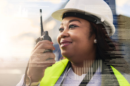Logistics, cargo and double exposure of manager with walkie talkie radio for distribution contact communication. Overlay of supply chain black woman with shipping data for container stock deliveryの写真素材
