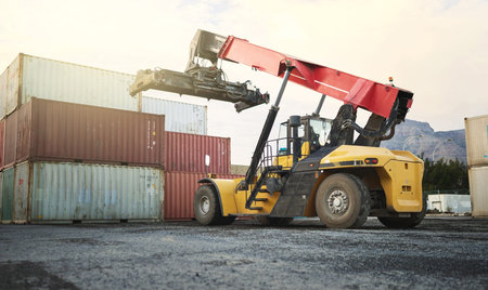 Shipping container, logistics crane truck and supply chain distribution port in freight export...