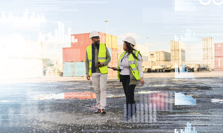 Business people, logistics and shipping, industry warehouse workers in container yard double...