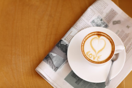 Made with love...High angle shot of a lovingly prepared cup of cappuccino sitting on a newspaper.の写真素材