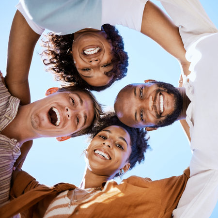 Support, friends and friendship circle with happy, relax and cheerful people bonding from below....