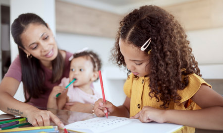Girl homework, learning and mother helping her child with school work in a notebook in their home. Kid and mom doing creative planning for education, writing for knowledge and learning alphabetの写真素材