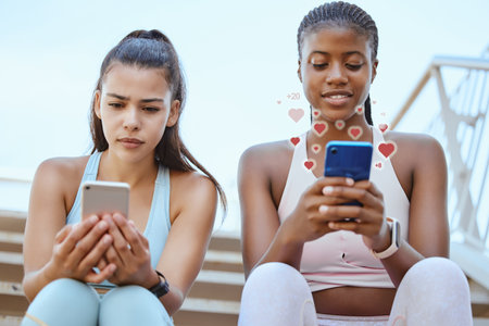 Social network, smartphone and fitness women friends or influencer partner with love emoji notification graphic icon. Sports girl on social media confused with algorithm update and digital connectionの写真素材