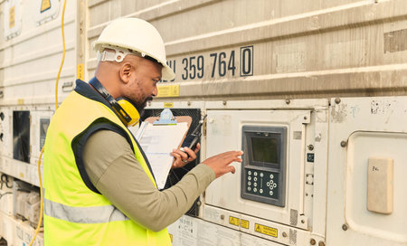 Logistics, supply chain and security with a man shipping professional using a keypad password on on...