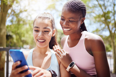 City fitness, women friends and phone social media, watch online workout tutorial and sports...