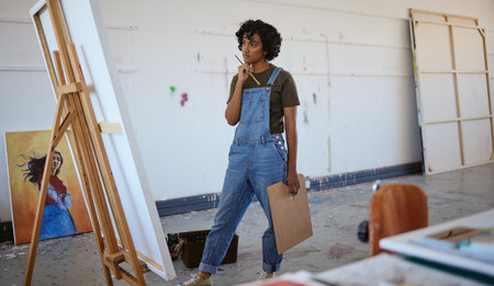 Art, creative and painter thinking of idea on canvas while working on design in a workshop. Woman, designer and artist with doubt about painting, creativity and work while in a studio for motivationの写真素材