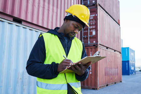 Shipping, cargo and checklist by man doing checklist for freight and logistics at supply chain....
