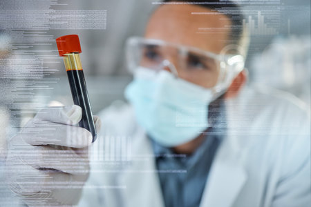 Blood, science and covid with a man engineer in a laboratory working on DNA research and innovation in a lab. Analytics, medical and development with a scientist at work in a laboratory with overlayの写真素材