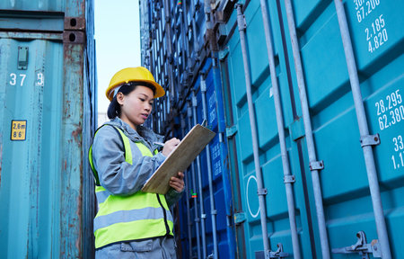 Shipping, cargo and stock container with woman reading checklist for ecommerce delivery logistics at...