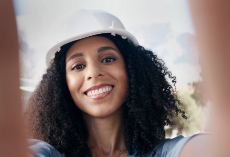 Architecture, engineering and black woman selfie portrait construction site, industrial building...