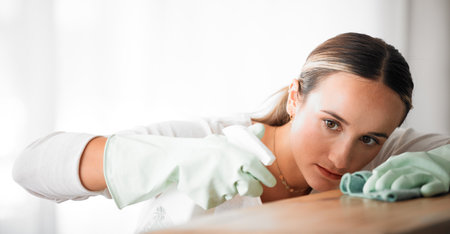 Woman cleaner cleaning a house with product for dusty office desk, kitchen counter or dirty table furniture. Services, cloth and worker working with soap detergent and spray bottle for messy surfaceの写真素材