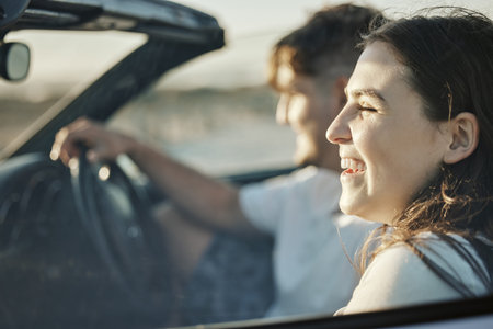 Road trip couple, summer freedom and holiday sunshine, relax and adventure in New Zealand. Traveling...