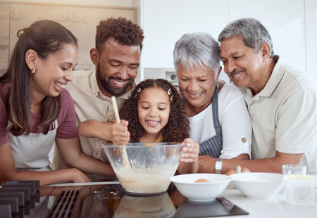 Baking, family and girl in kitchen for cake with ingredients and food in a bowl with grandparents...