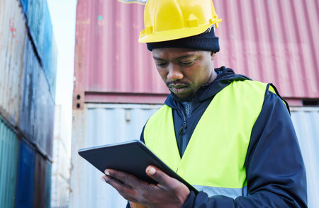 Digital tablet, logistics and black manager working on outdoor cargo freight site with shipping...