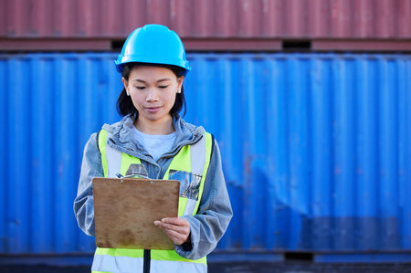 Woman in shipping, logistics and transport with checklist for freight inventory management or stock inspection. Storage container, cargo and commercial courier delivery for supply chain distributionの写真素材