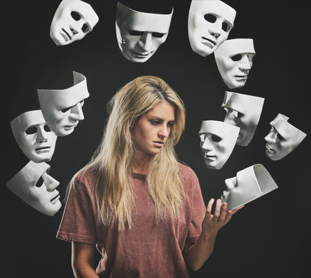 Bipolar masks, woman with mental health problems, psychologist or therapist and medication help. Anxiety, depression and schizophrenia need therapy or chemical help from prescription pills or drugsの写真素材