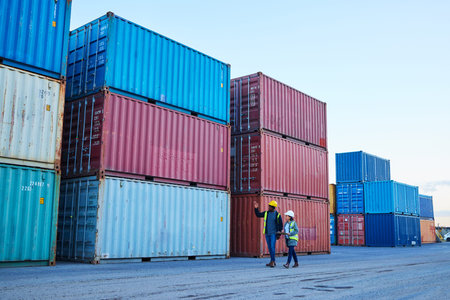 Container, industrial supply chain shipping warehouse and safety planning manager or worker. Global...