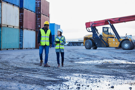 Tablet, container and engineer teamwork planning for manufacturing, shipping and cargo distribution...