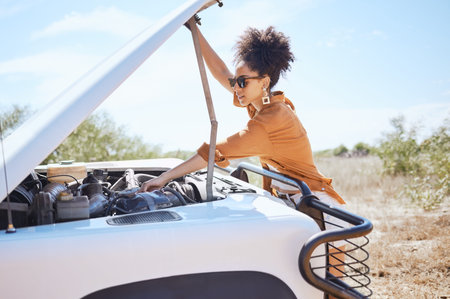 Black woman car engine problem on road trip or outdoor holiday travel journey in Africa. Girl driver...