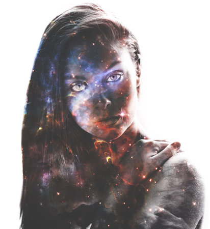 Universal beauty. Portrait of a pretty woman overlaid with stars.