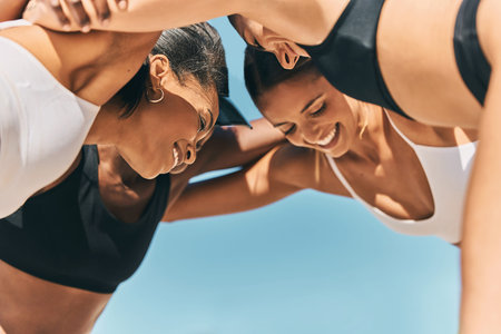 Sports, fitness and women in circle for support, motivation and strategy planning with outdoor...