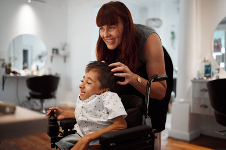 Woman, salon and smile with disability child in wheelchair for haircut. Happy, boy and girl...