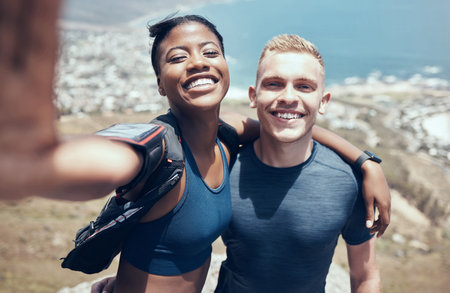 Happy, selfie and couple hiking in nature while on outdoor adventure trip on holiday in South...