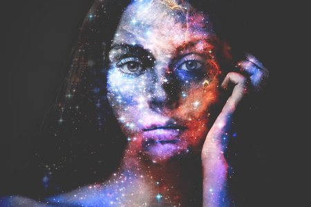 Abstract beauty. Portrait of a beautful woman with the stars overlaid on her.