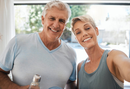 Selfie, fitness and workout senior couple training for wellness and joy exercise together in...